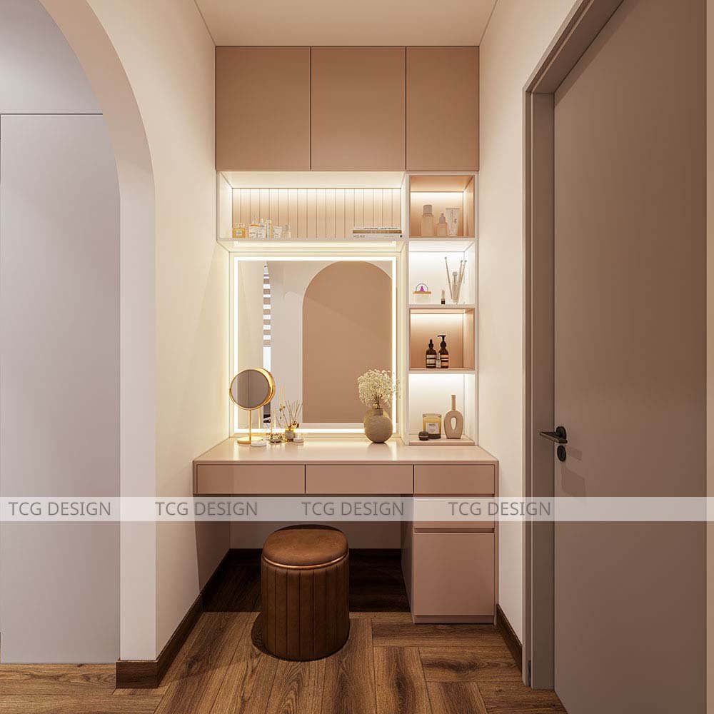Thiết kế penthouse với bàn trang điểm tone hồng nhẹ nhàng, nữ tính.