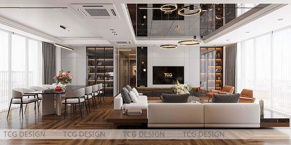 Thiết kế penthouse với nội thất cao cấp, bố trí hợp lý tạo không gian sống tiện nghi và sang trọng.