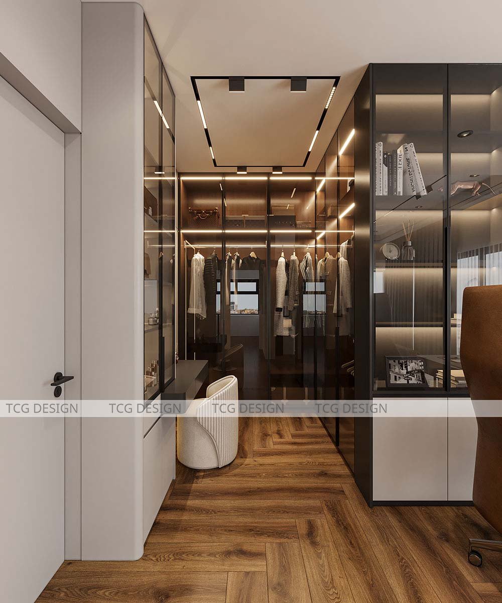 Thiết kế penthouse với phòng làm việc hiện đại, sang trọng, tủ kính trưng bày và bàn ghế làm việc cao cấp.