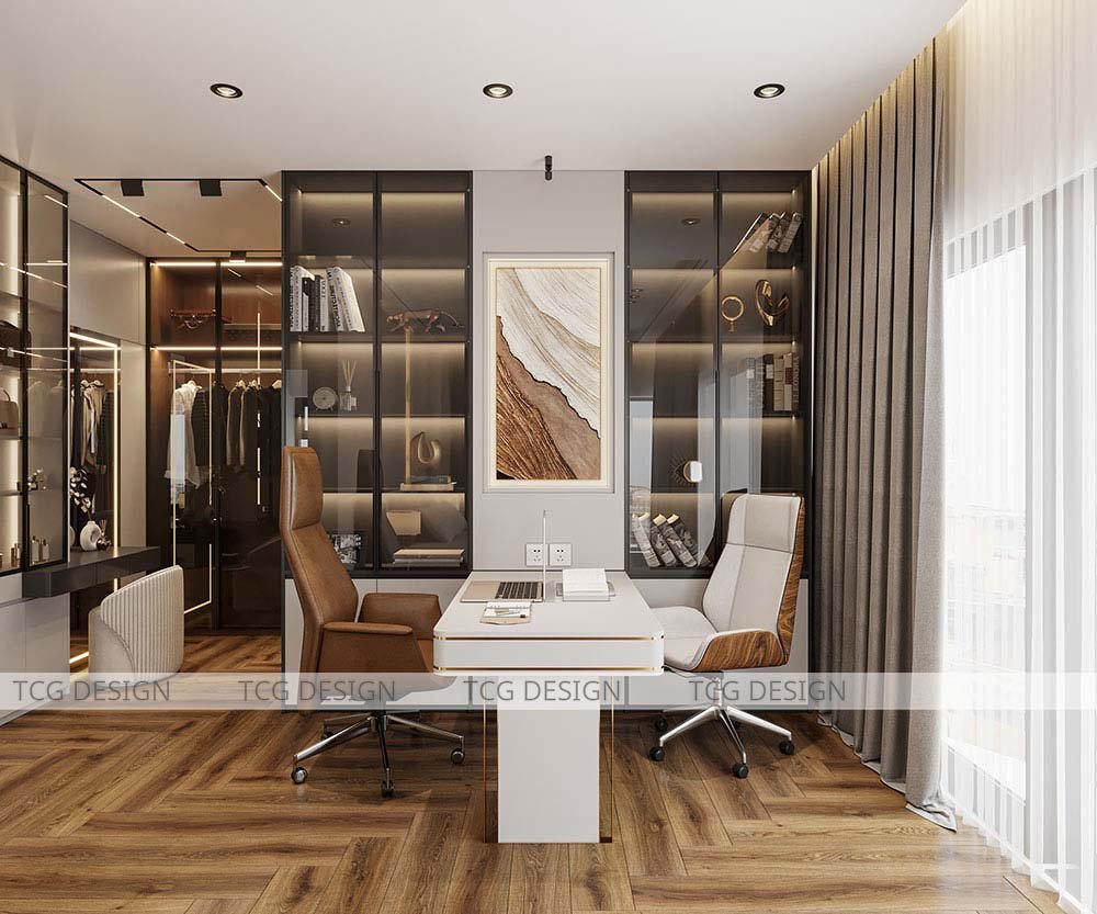 Thiết kế penthouse với phòng ngủ master giường lớn, tủ quần áo rộng rãi và khu vực làm việc riêng.