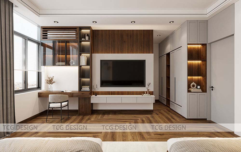 Thiết kế penthouse với phòng ngủ trẻ em có bàn học cạnh cửa sổ, tận dụng ánh sáng tự nhiên.