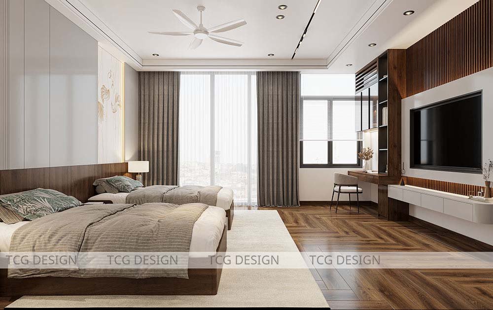 Thiết kế penthouse với phòng ngủ trẻ em có bàn học và tivi, khu vực giải trí riêng tư.