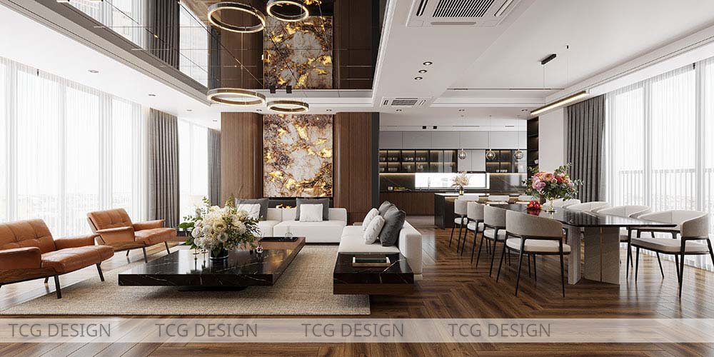 Thiết kế penthouse sang trọng, hiện đại với không gian mở liên thông giữa phòng khách, bếp và phòng ăn.