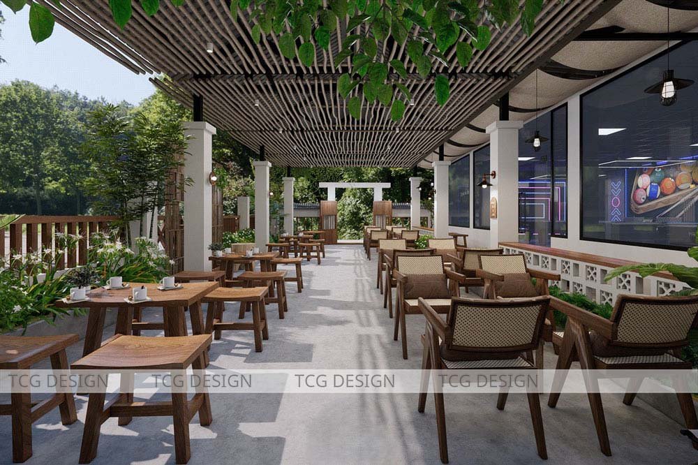 Thiết kế quán cafe sử dụng bàn ghế gỗ mộc mạc, tạo cảm giác ấm cúng