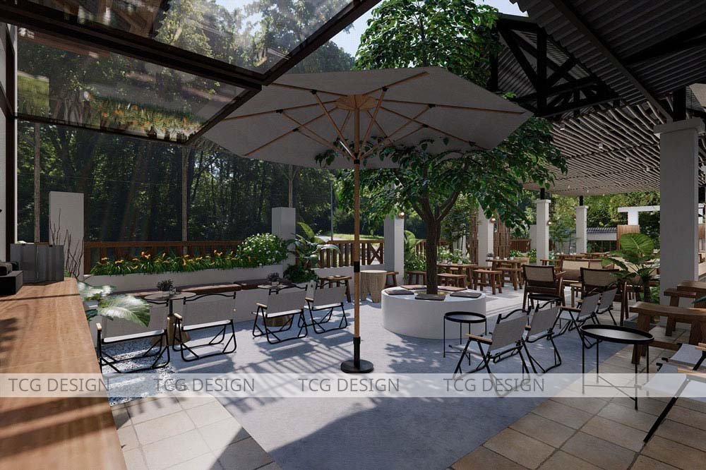 Không gian thiết kế quán cafe ngoài trời đa dạng với nhiều khu vực ngồi khác nhau.