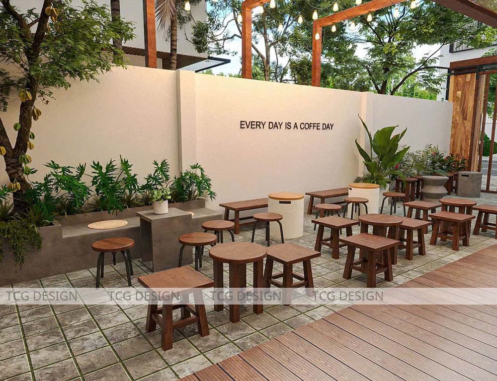 Thiết kế quán cafe sân vườn với bàn ghế gỗ đơn giản, gần gũi thiên nhiên và mang lại cảm giác thoải mái.