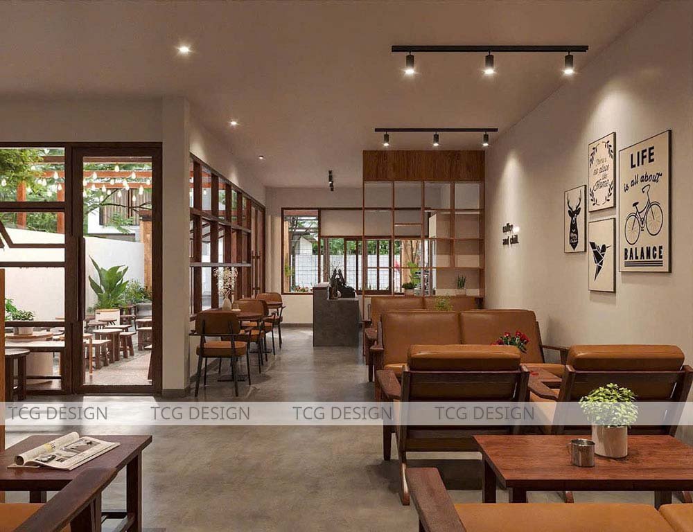 Thiết kế quán cafe sân vườn với bàn ghế salon và cách bài trí không gian hợp lý.