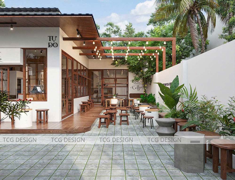 Thiết kế quán cafe sân vườn với không gian đẹp, thơ mộng nhờ có đèn led treo trên cao.