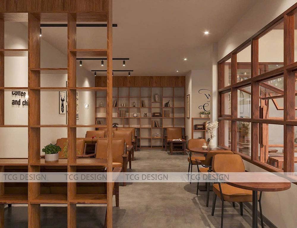 Thiết kế quán cafe sân vườn với không gian bên trong rộng rãi và sang trọng.